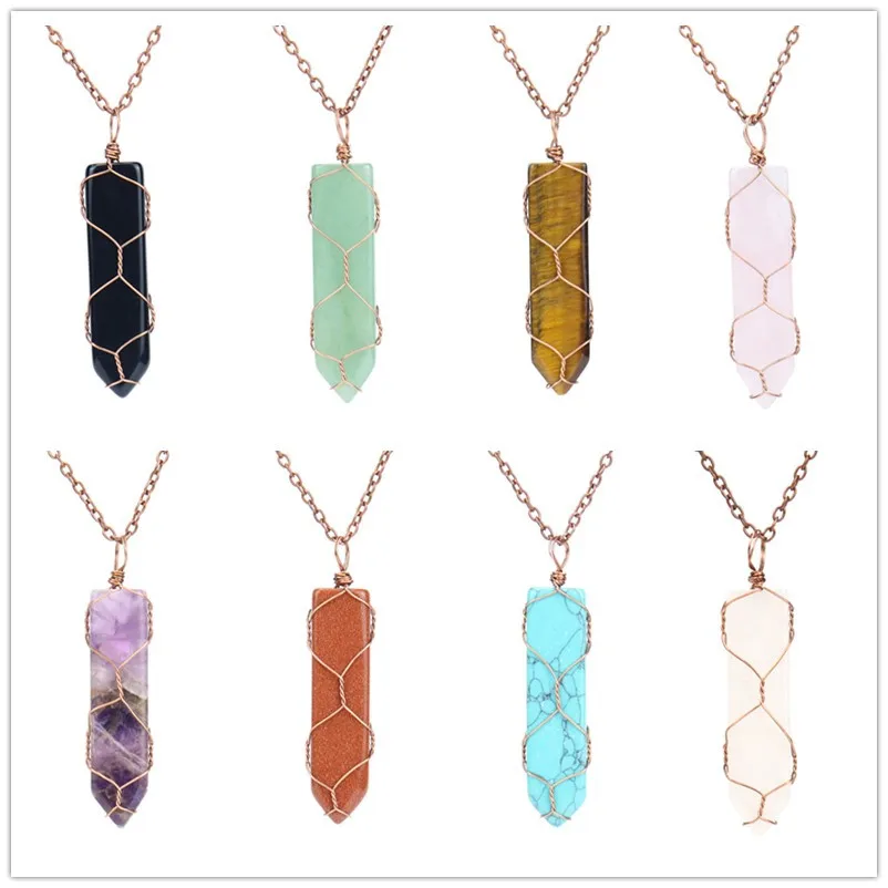 

10pc Sword Shape Natural Stone Pendant Wire Wrapped Copper Net Pocket Sweater Chain Necklace Healing Reiki Weave Rope Wholesale