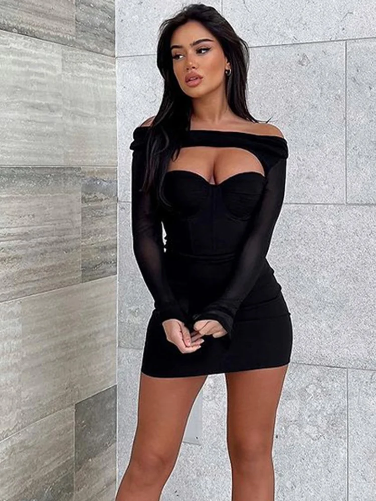 Женское Сетчатое платье с открытыми плечами длинным рукавом рюшами короткое