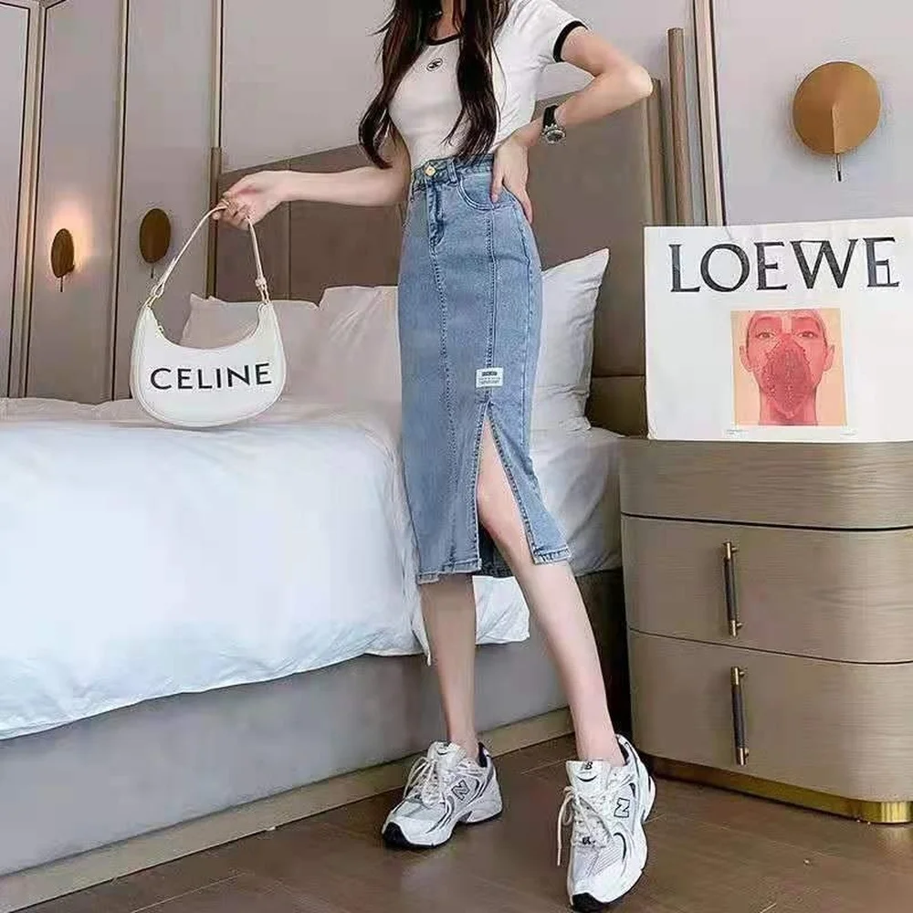 Женская длинная джинсовая юбка средней длины голубая Повседневная винтажная из