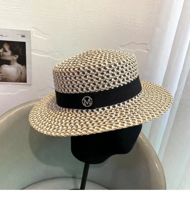 Black White Flat Top Fedora Cap Wide 