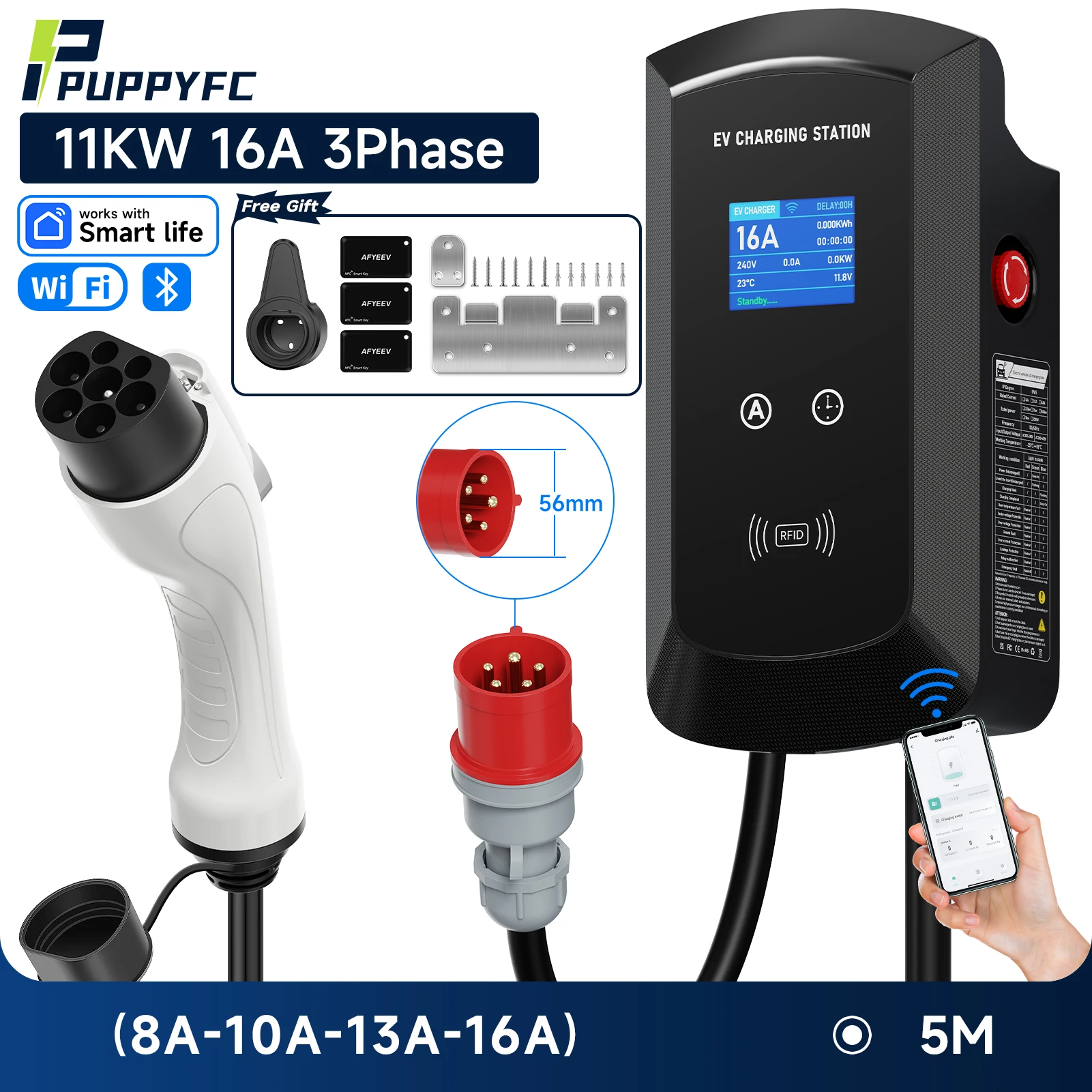 

Puppyfc 7,6 кВт/11 кВт/22 кВт 3-фазная зарядная станция для электромобилей GBT 20234 Зарядное устройство для электромобилей EVSE Wallbox WiFi Bluetooth Приложение Дистанционное управление