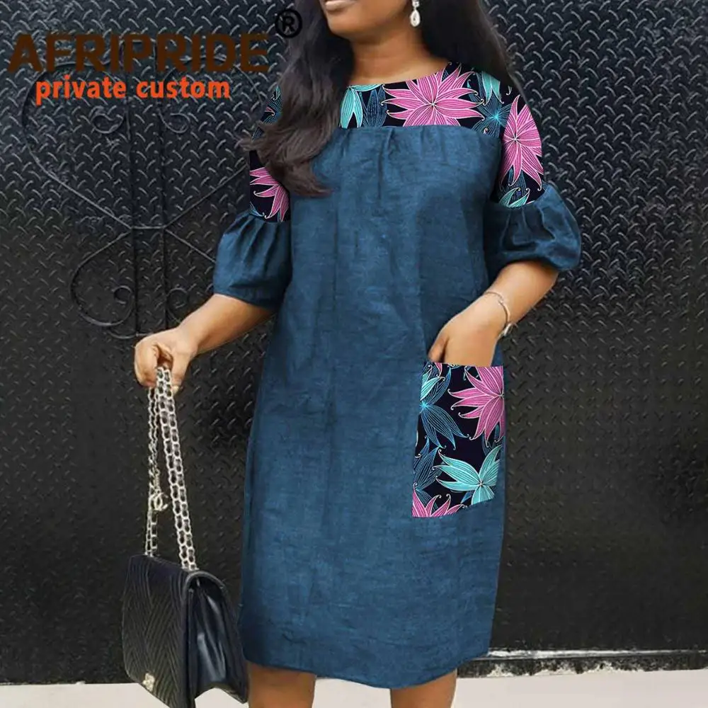 

Traditional African Dress for Women Ankara&Denim Afripride Tailor Made Short Sleeves Knee Length Straight Women Dress A2025026