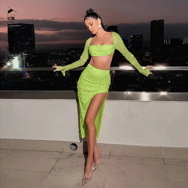 

BoozRey Sexy Nail Bead Long Sleeve Crop Top Skirt Two Pieces Set Women Festival Outfit Elegant Party Club Clothing Streetwear