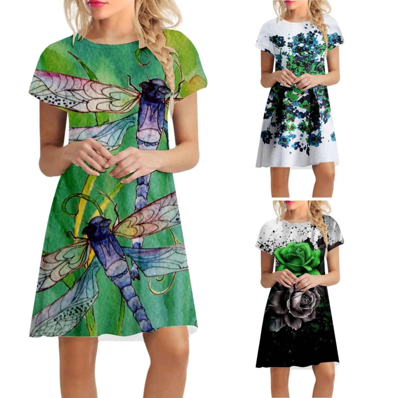 Lace Floor Length Dresses for Women Short Sleeve Summer 3D Print Women's Dress Short Sleeve Crewneck Dress Ruffle Summer Dress
