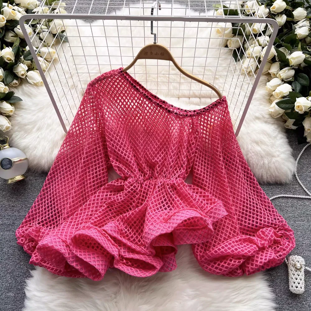 

Women Chic Patchwork Hollow Out Long Sleeve Top Slim Sexy Korean T-shirt Fashion Diagonal Collar Summer Women Crop Top