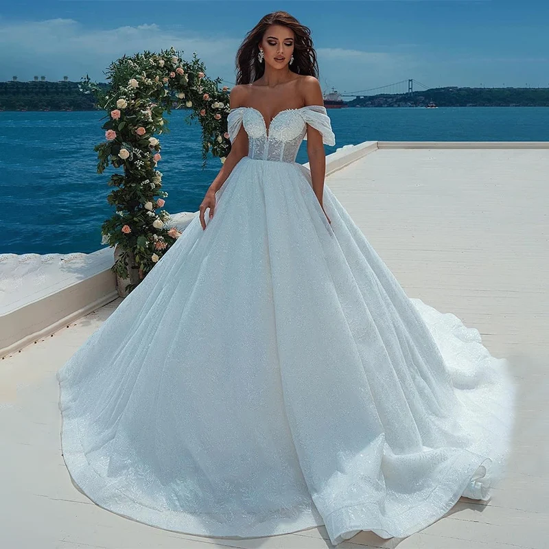 

Mordern Sweetheart Neckline A-Line Wedding Dress Off Shoulder Lace Appliques Short Sleeves Bridal Gowns Robe De Mariée
