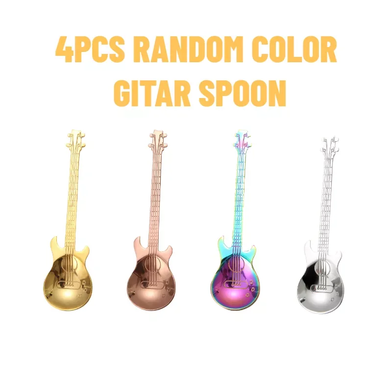 

4PCS Guitar Coffee Teaspoons 304 Stainless Steel Musical Teaspoons Mixing Spoons Sugar Spoon Quality Tableware Party gift