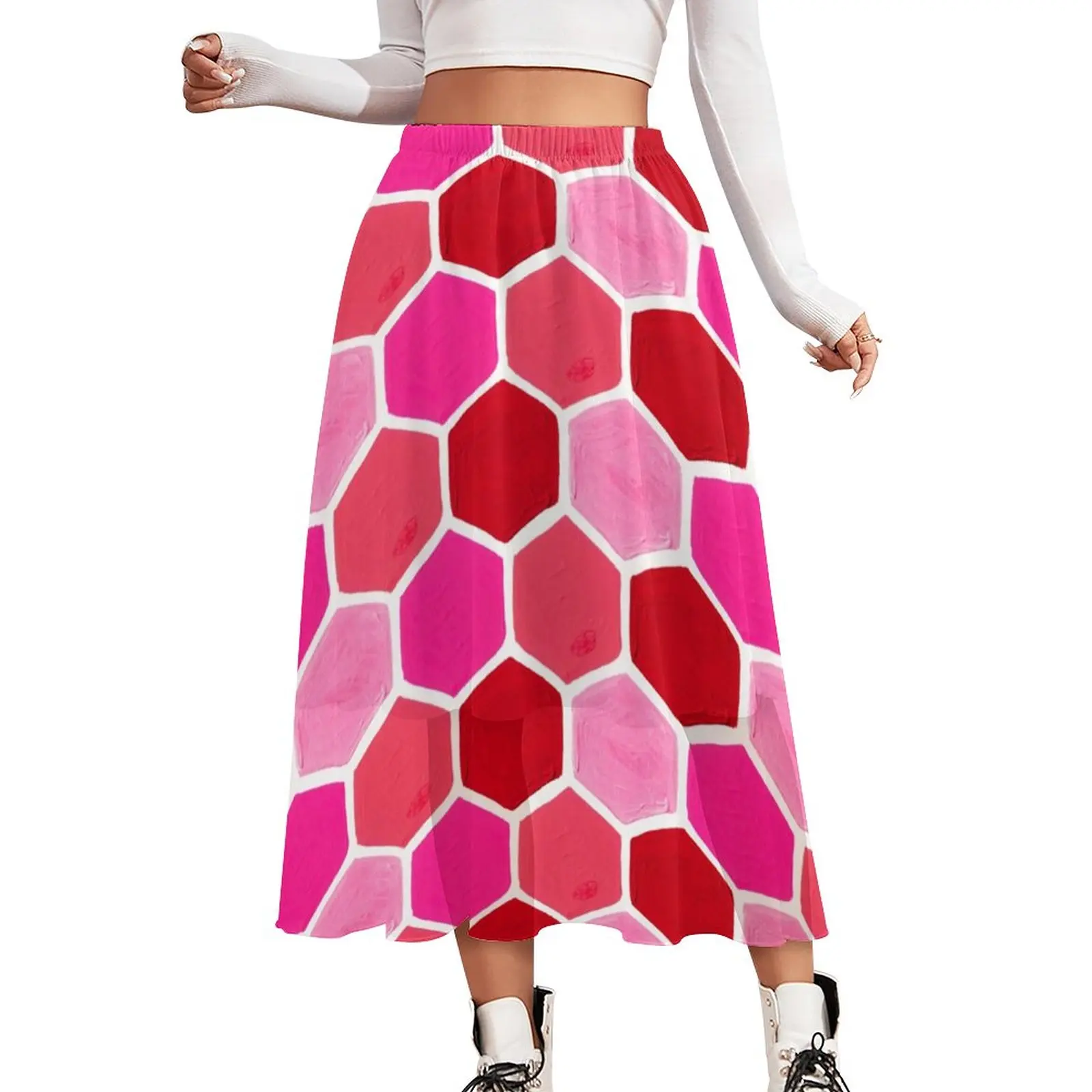 

Geometric Art Print Skirt Women Hexagon Honeycomb Elegant Long Skirts Retro Elastic Waist Street Fashion A-line Skirt Large Size