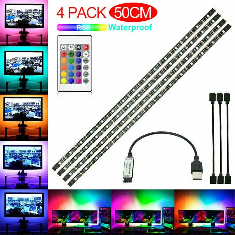 

4 Pcs Usb Tv Backlight Light Strip Waterproof Flexible Ribbon Rgb Led Lamp With Remote Control For Game Room TV Background