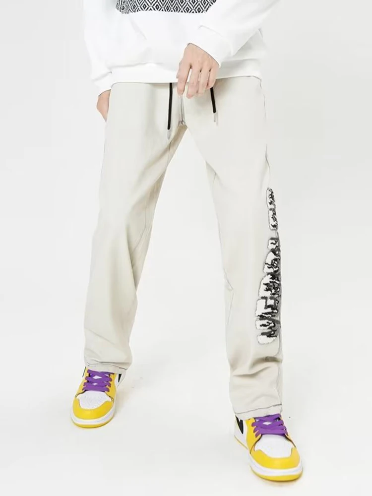 European and American Fashion Retro Flame Letters Men Baggy Jeans Women Y2K High Street Loose Straight Pants Trousers Denim