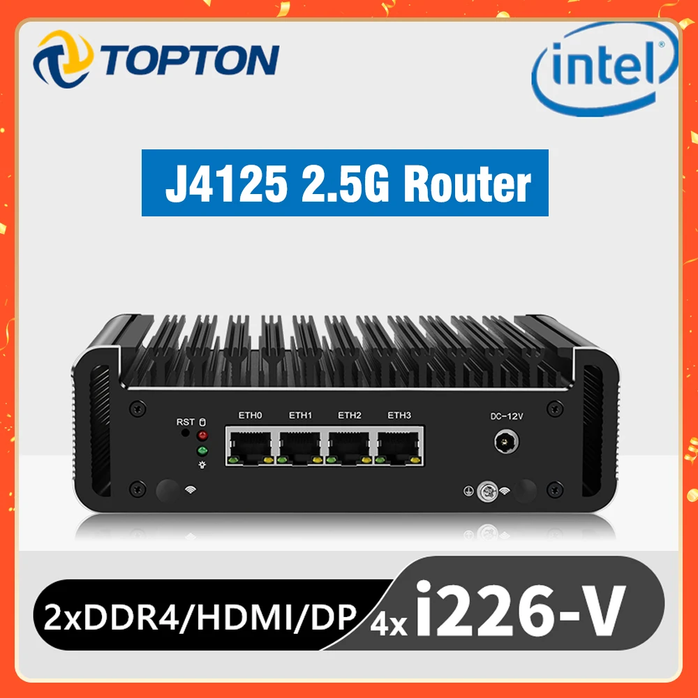 Celeron J4125 2.5G Router 4x Intel i226-V 2500M LAN 2xDDR4 HDMI1.4 DP1.2 Fanless Mini PC OPNsense Firewall Appliance VPN Server