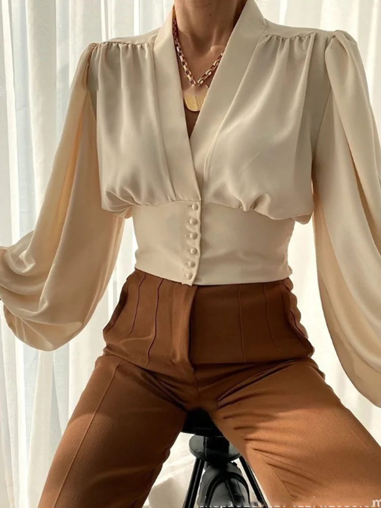 

Women's Button-up Shirts Lapel Fashion Office Elegant Pleated V-neck Long Elegant Solid Color Balloon Sleeve Shirts Summer Tops