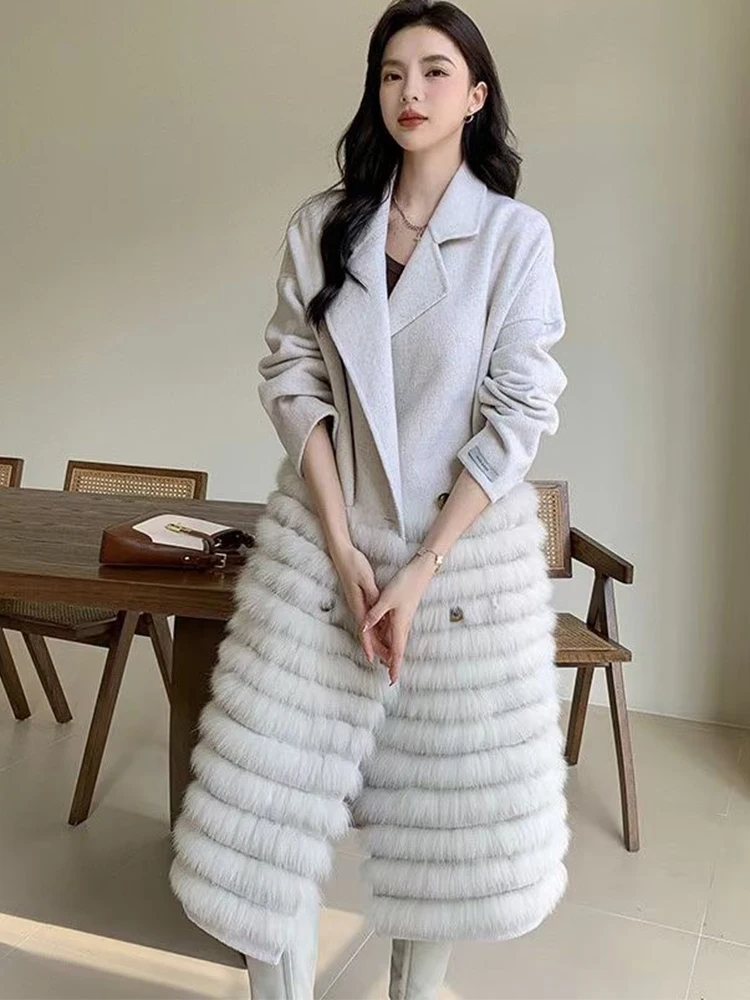 Роскошное Женское зимнее теплое шерстяное пальто из натурального Лисьего меха