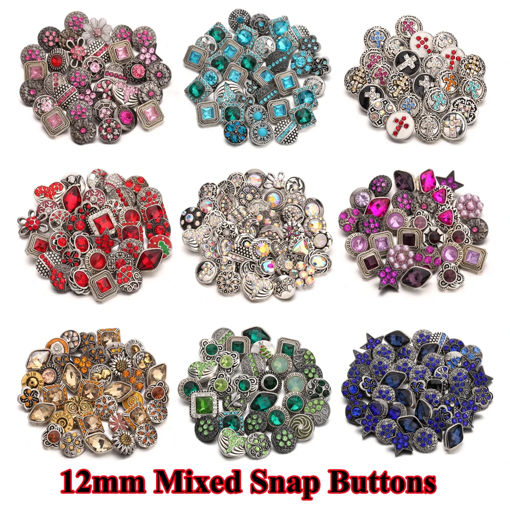 

10pcs/lot Mixed 12mm Snap Jewelry Red Purple Crystal Rhinestone Flower Cross Metal 12mm Snap Buttons Fit Snap Bracelet Earrings