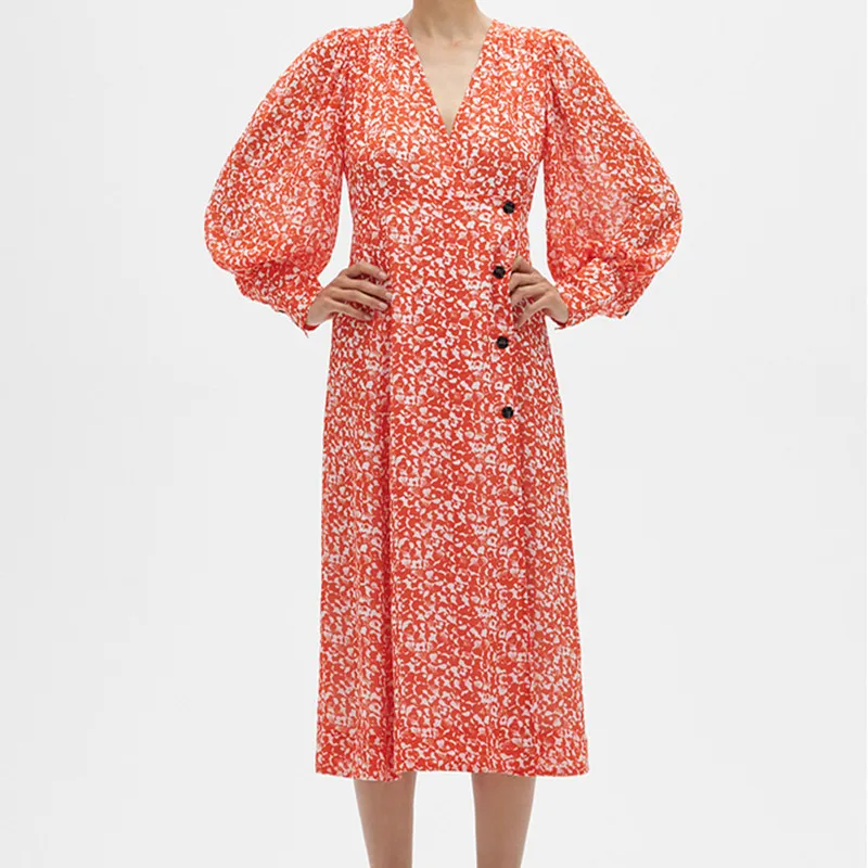 

Floral print Women's Midi Dress Puff Sleeve V-neck fashion Ladies Long Robes 2022 New