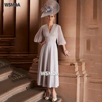 elegant ruched pleat a line mother of the bride dress puff sleeves v neck chiffon wedding guest dresses custom made
