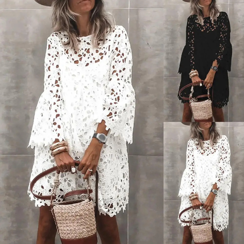 

1 Set Sundress Hollow Out Spring Summer Flare Sleeve See Through Patchwork Dress Sling Dress Cover-Up Set for Party
