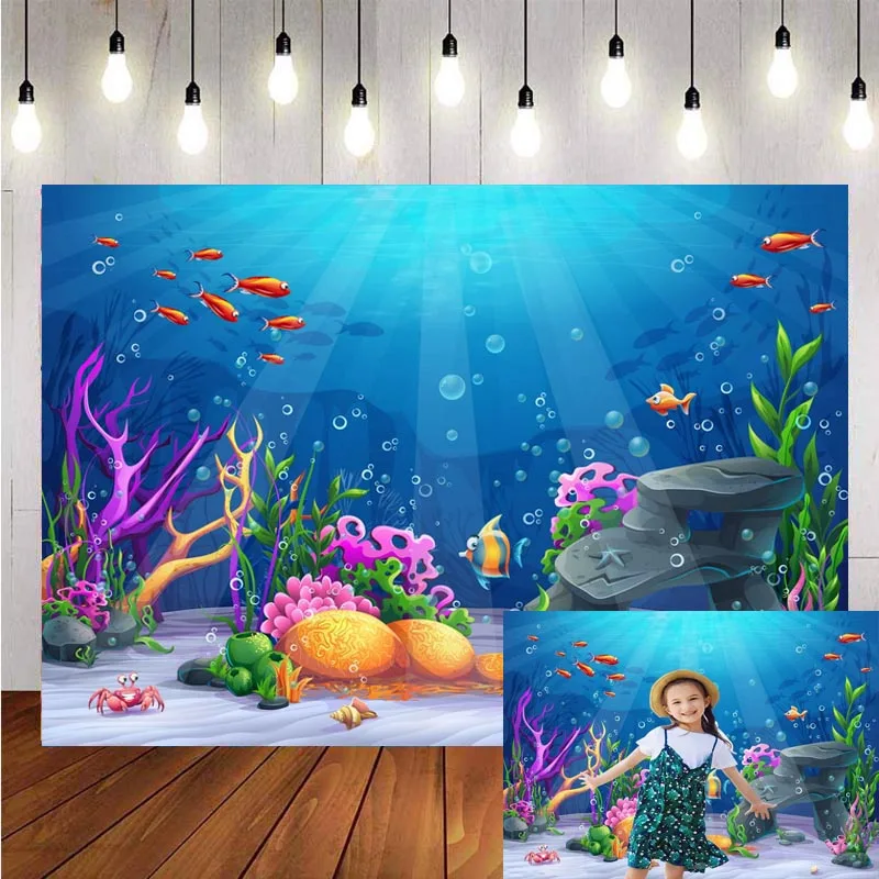 

Underwater World Backdrop Tropical Blue Ocean Fish Coral Bubble Summer Mermaid Photo Background For Kids Birthday Party Banner