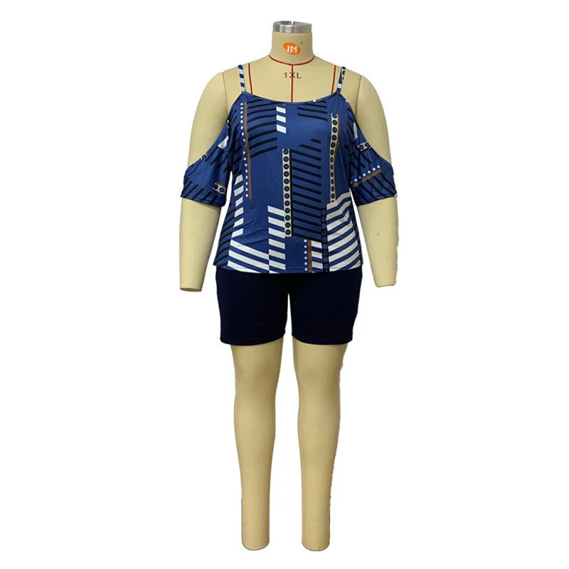 Plus Size Two Piece Set Women's Summer Clothing Wholesale Hollow Out Sleeve Print Short Sets Matching Ou 3xl 4xl 5xl 6xl