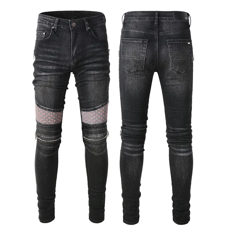 

Men Black New Hole Motorcycle Pants Trousers Stretchy Ripped Skinny Biker High Quality Street Punk Folds Destroyed Jeans