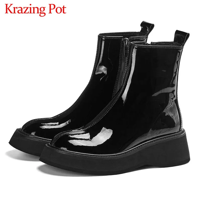 

Krazing Pot hot cow leather thick bottom Chelsea boots side zip black colors round toe winter keep women fashion ankle boots L16