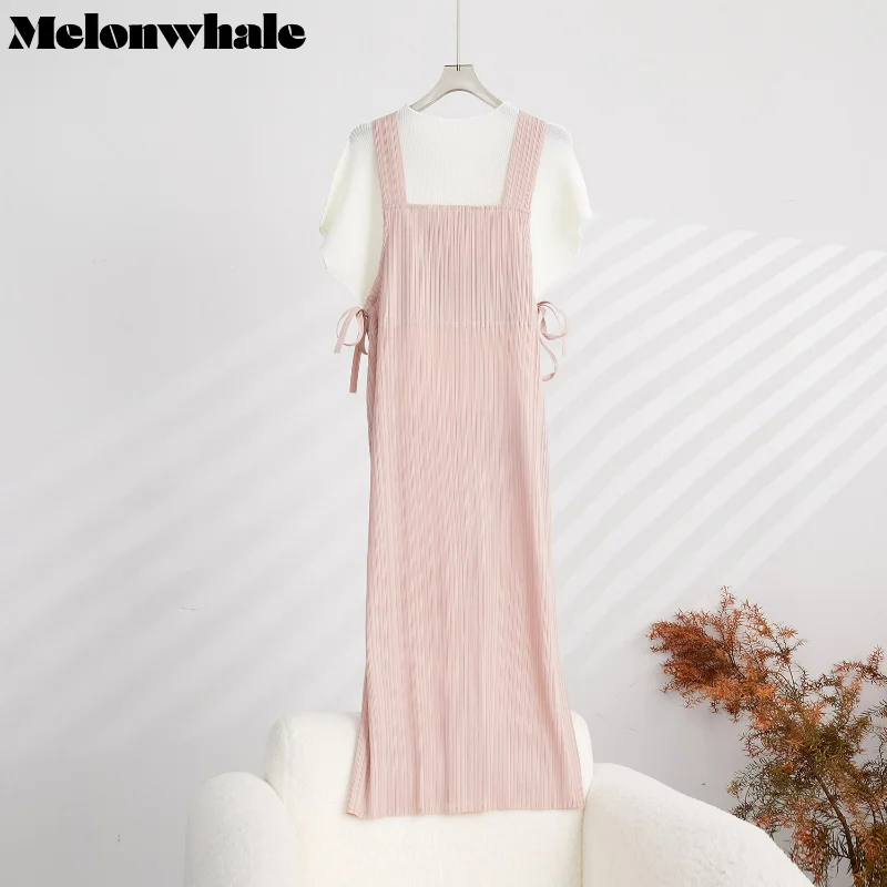 MelonWhale Pleated Dress for Women Camisole Japan Style Elegant 2023 Summer Round Collar Elegant Solid Color Female Dresses