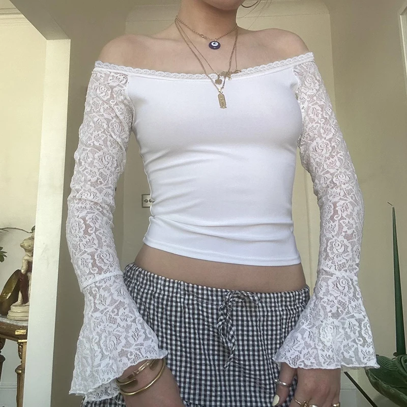 CIBBAR Белый Однотонный Кружевной Топ С Вышивкой Y2K Женский Повседневный Модный