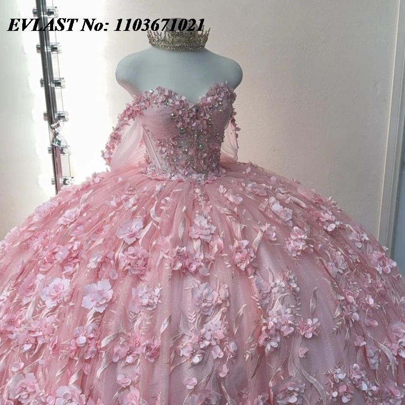 EVLAST Мексиканское розовое платье Quinceanera бальное с 3D цветочной аппликацией и