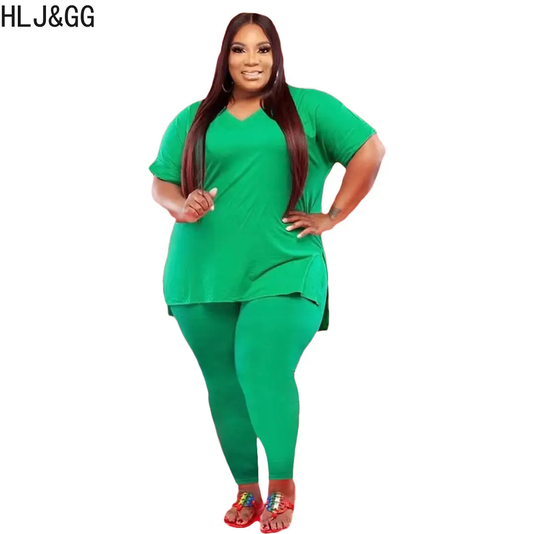 HLJ&GG Casual Solid Color Matching Tracksuits Plus Size Women V Neck Short Sleeve Top And Skinny Pants Two Piece Sets Outfits