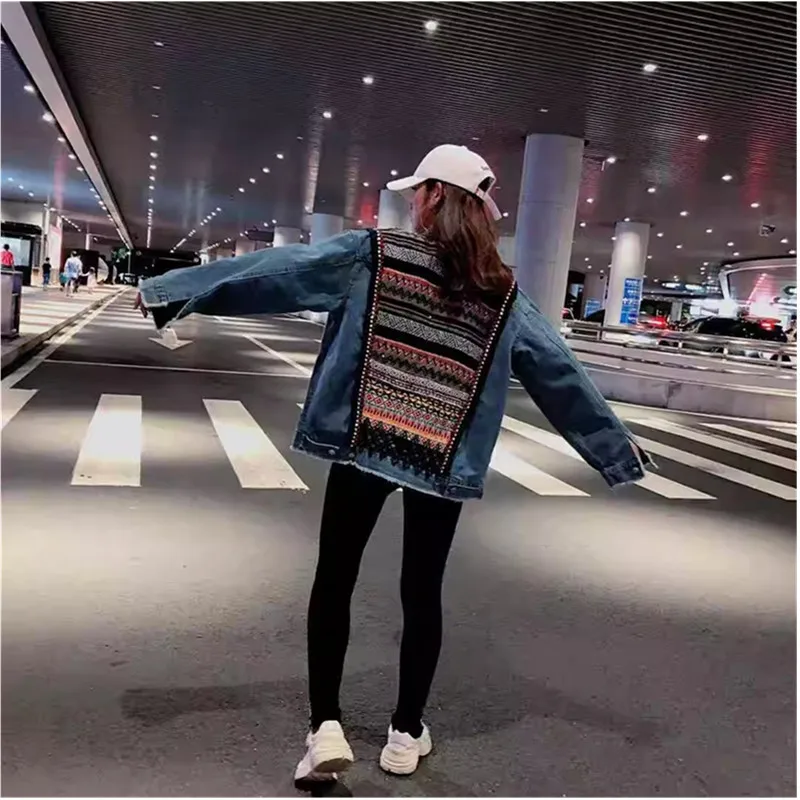 Женская джинсовая куртка в стиле бохо винтажное пальто с цветочной аппликацией и