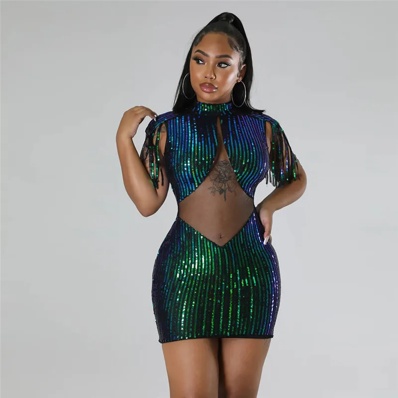 

Sexy Sequin Birthday Dress for Women Party Night Glitter Bodycon Mini Dress Mesh Sheer Patchwork Tassel Going Out Club Dresses