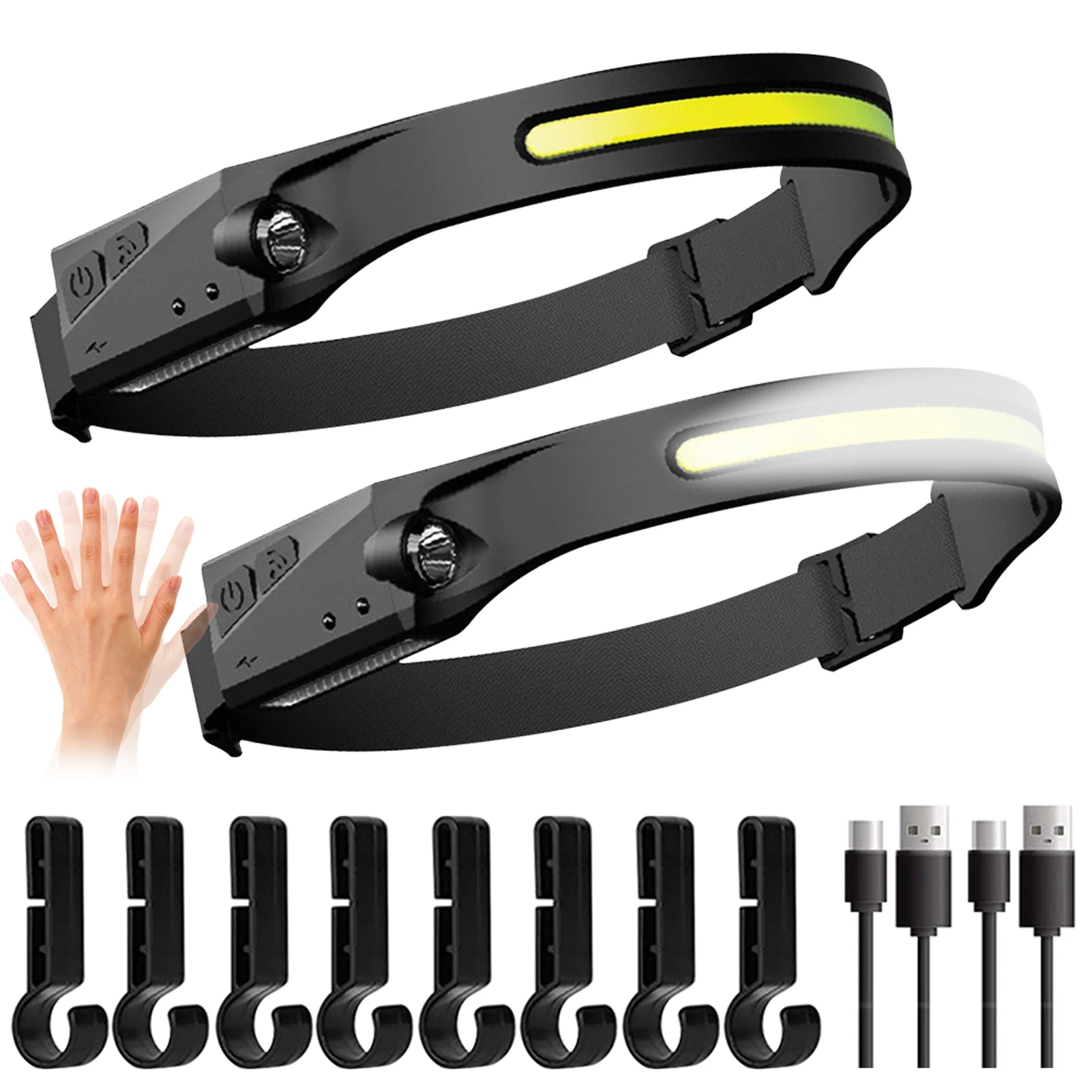 

2pcs Lightweight With Motion Sensor Fishing LED Headlamp USB Rechargeable 5 Gears Camping Dog Walking Head Flashlight Wide Angle