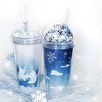 cartoon white bear straw cup double layer flash chip broken water bottle with round cover straw lovely animal new gift ice cup