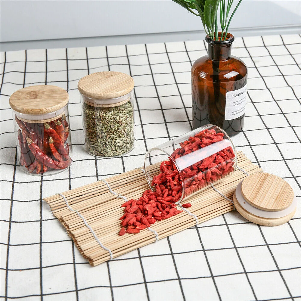 12pcs Set Bamboo Cover Glass Jars Kitchen Container Sealed Condiments Food Grain Snack Storage With Labels | Дом и сад