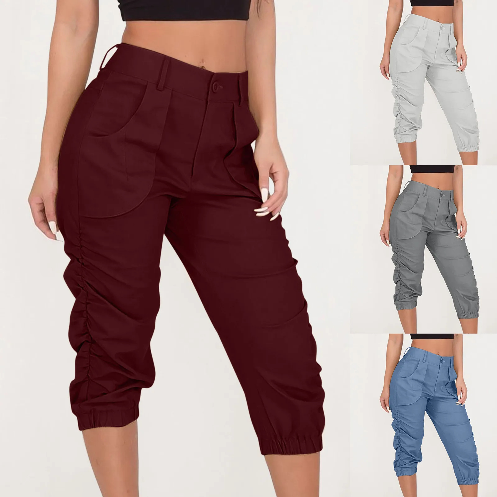 

Women Capri Cargo Pants Spring Summer Female Solid Color Pencil Leg Calf Pants Trousers
