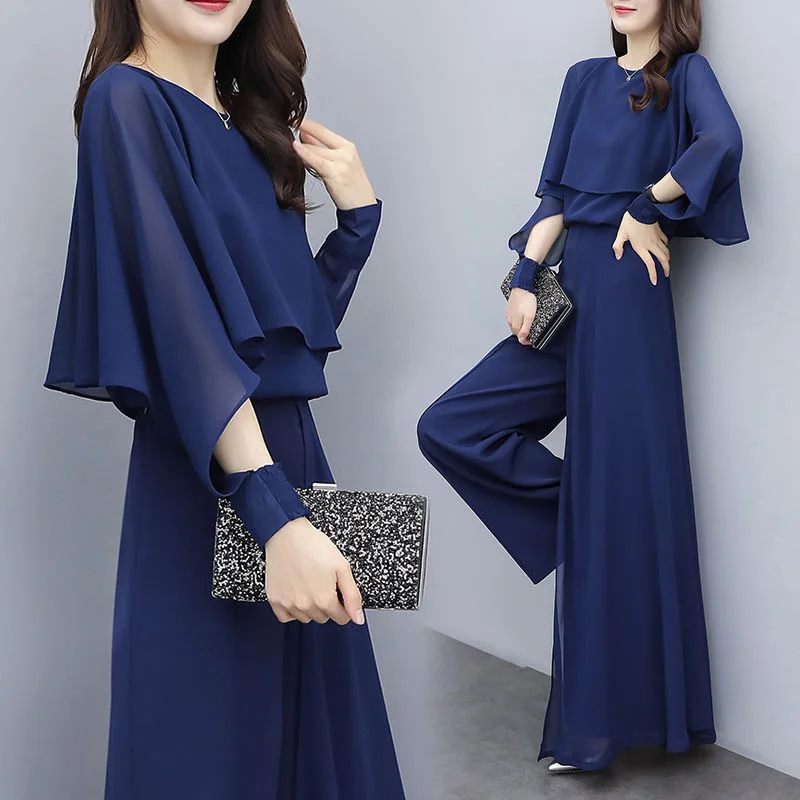 

New Summer Women's Set Tracksuit Batwing Sleeve Ruffles Wide Leg Pants Suit Two Piece Set Office Lady Outfits Chiffon M-3XL