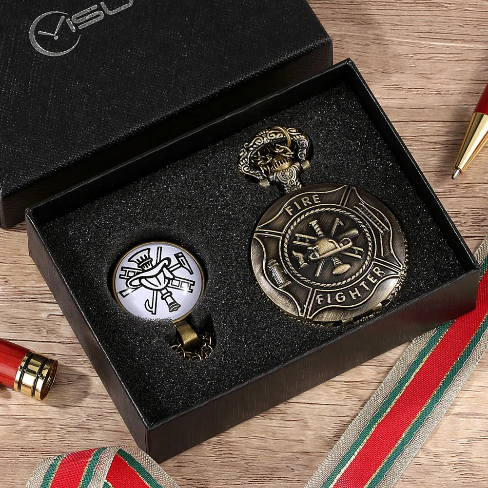 Necklace Pocket Watch Sets Men Fire Logo Engraving Pattern Souvenir Gift for Firemen Bronze Vintage Pocket Watch Pedent Clock