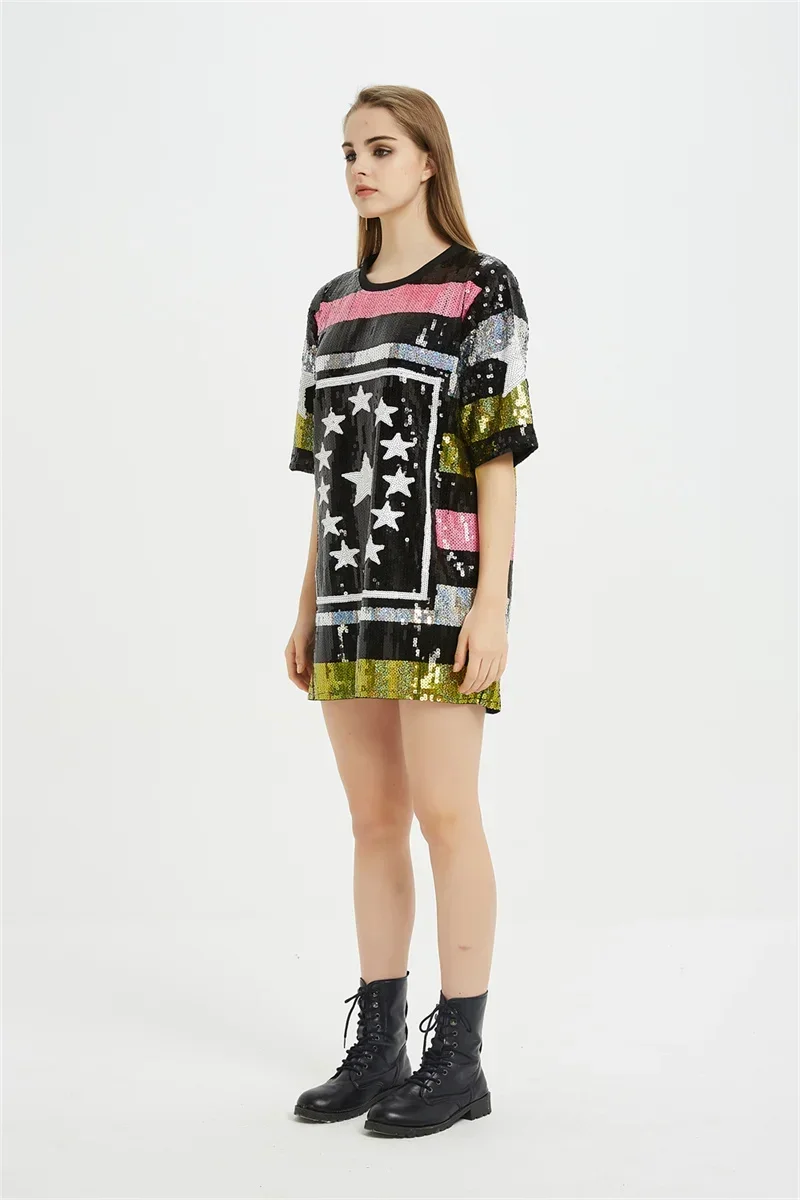 Летняя свободная женская одежда с коротким рукавом и блестками уличная круглым