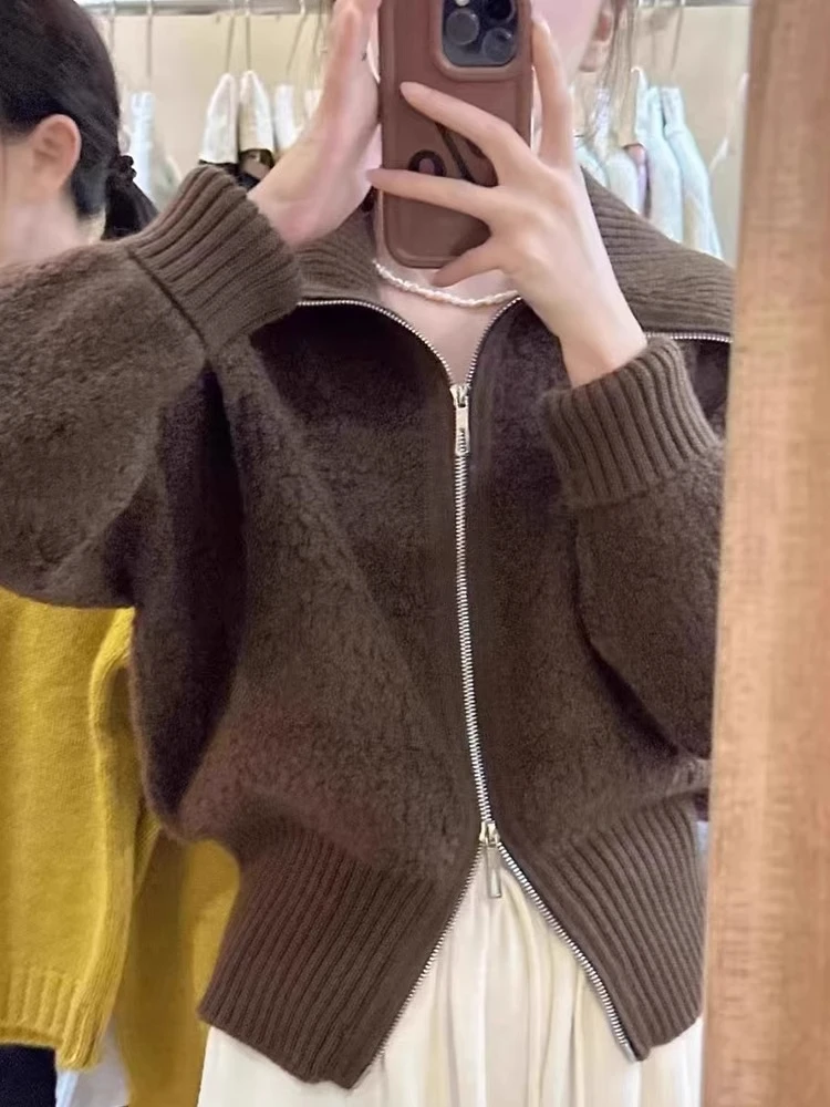 Белый свитер на молнии с большими лацканами High Sense верхняя одежда женская