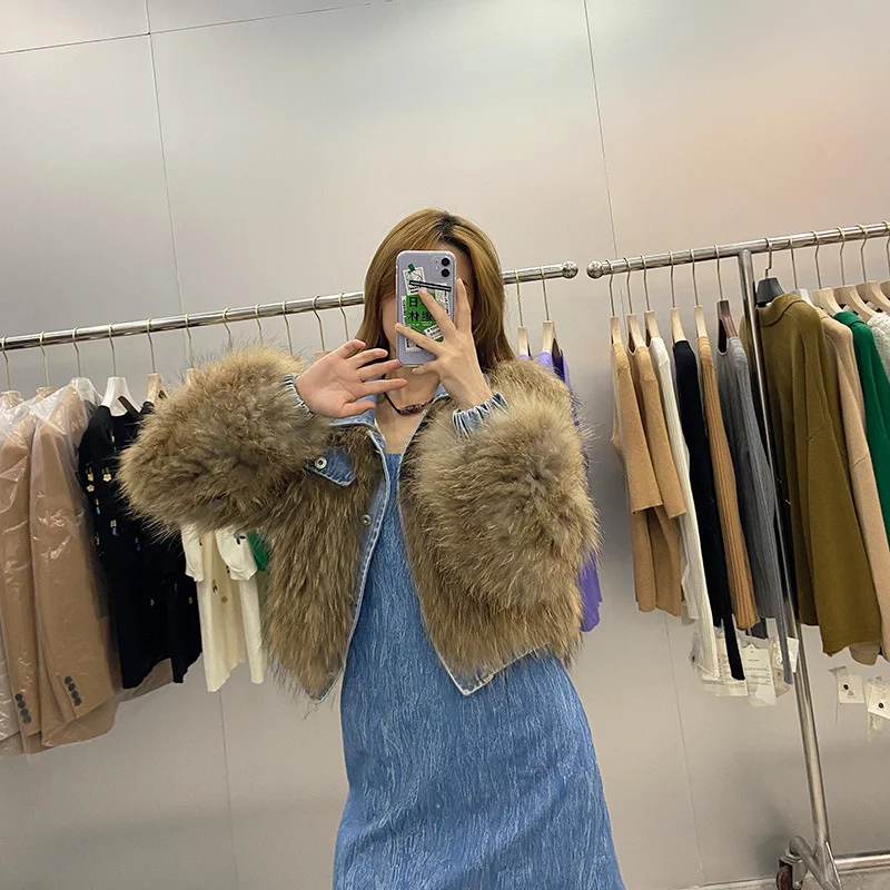 Fashion Ladies Real Fur Jacket Single Breasted Denim Patchwork Natural Raccoon Fur Coat Women