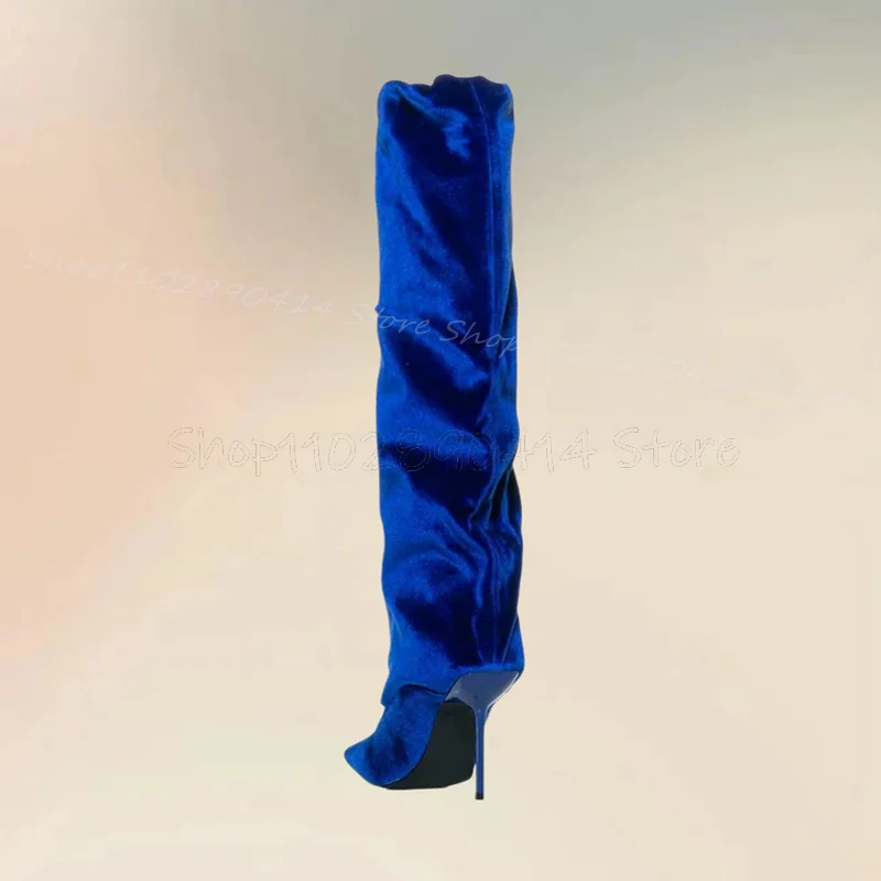 Женские вельветовые ботинки без шнуровки синие модельные с квадратным носком на