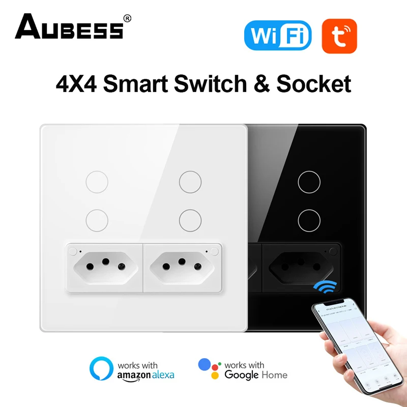 

AUBESS Tuya Brazil 4X4 WiFi Wall Switch With Socket,Touch-Sensor Interruptor 4gang Smart Light Switch Work For Alexa Google Home