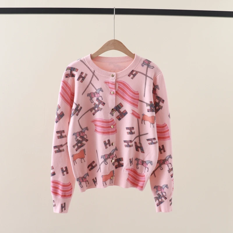 Вязаный кардиган с радужной лошадью H и буквой женский свитер принтом топы пальто
