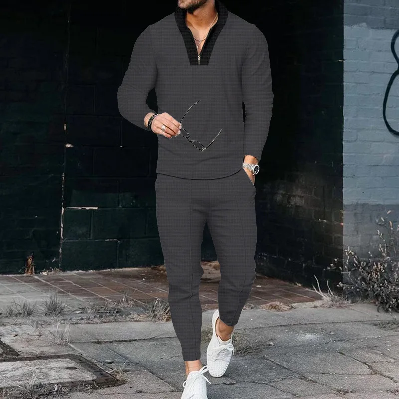 Custom 2-Piece Men's Waffle Suit Long Sleeve Stitching Stand Collar Sports Fashion Casual Half Zipper Set