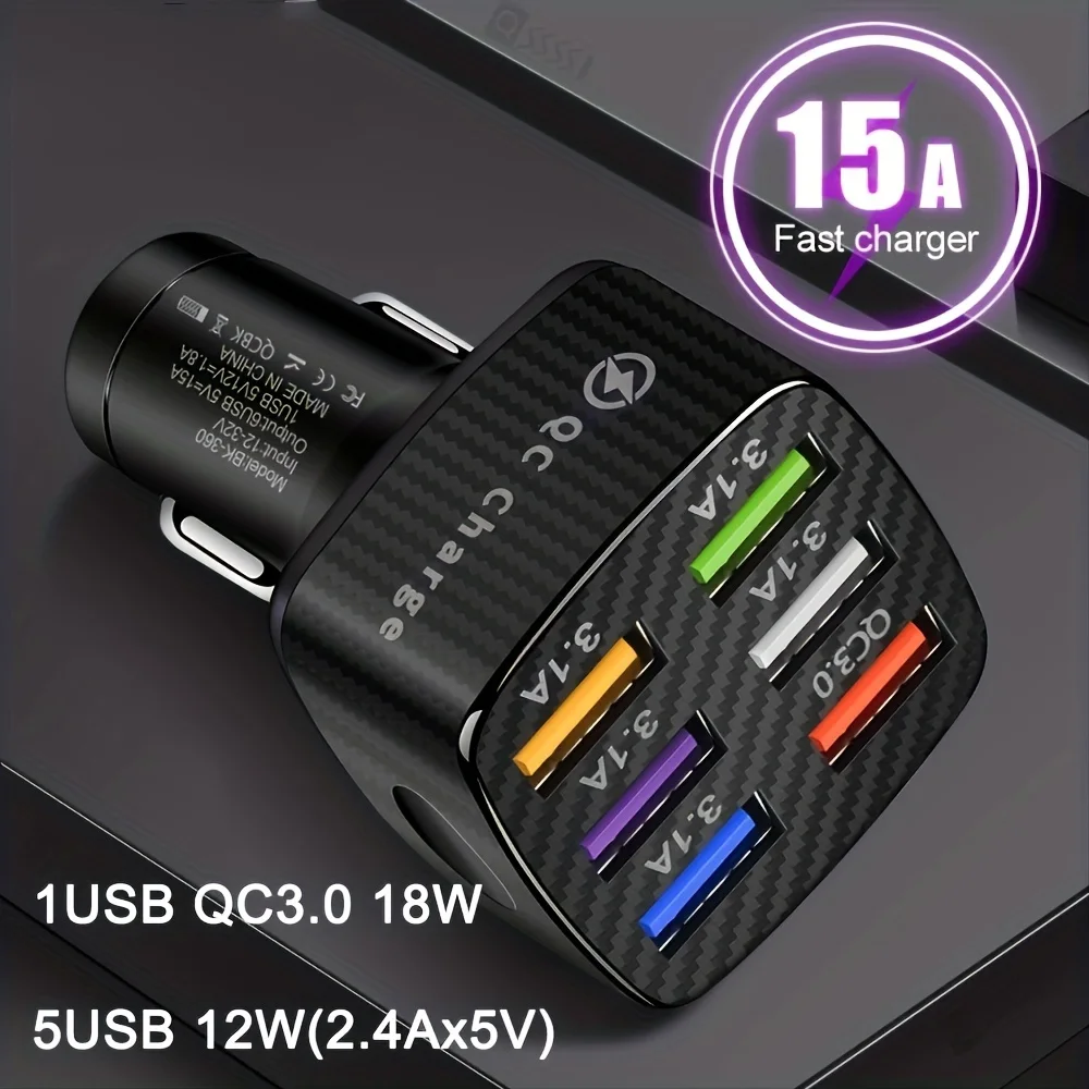 

6-Port 12W & QC.18W Car Charger Adapter With QC3.0 For IPhone 14 Pro Max, Samsung, Huawei, Xiaomi Redmi