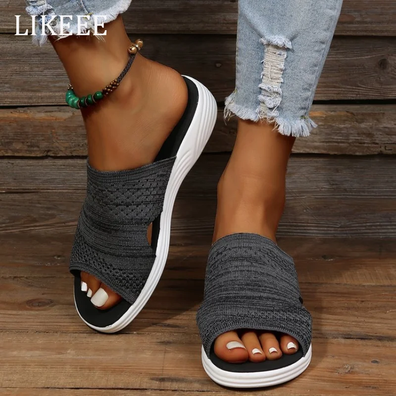 

Women Slippers Shoes Solid Color Breathable Ladies Casual Slippers Slip On Open Toe Wedges Big Size Beach Slides Summer New