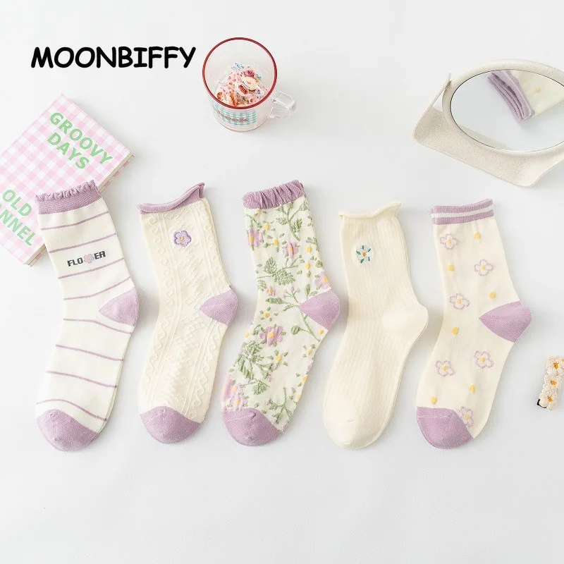 

5 Pairs Purple Twist Women Socks Korean Version Kawaii Cute Retro Sock Japanese Ins Tide Floral Embroidery Lace Vintage Socks