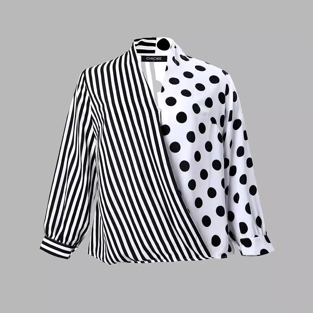 Женская одежда полосатая рубашка в горошек топ с длинными рукавами блузка