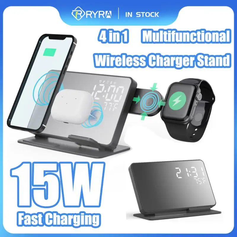 

RYRA 4 In 1 Clock+Thermometer Wireless Charger Stand For IPhone Samsung Airpods Apple Watch 15W Fast Charging Dock Station Desk