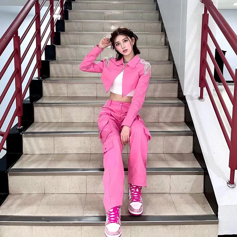 Новые сценические сексуальные женские укороченные топы Kpop брюки-карго костюм